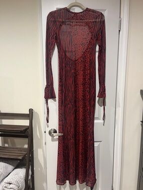 Celeste Red and Black Animal-Print Maxi Dress with Tie Cuffs